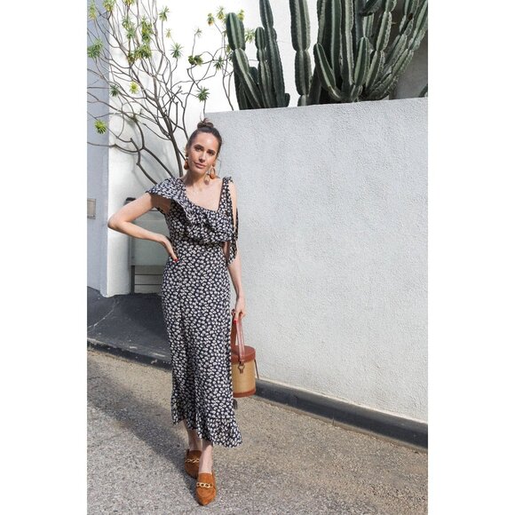 Ganni Roseburg Crepe Dress Maxi Tie Strap Total Eclipse Navy Leaf Print US 4 - Picture 4 of 16